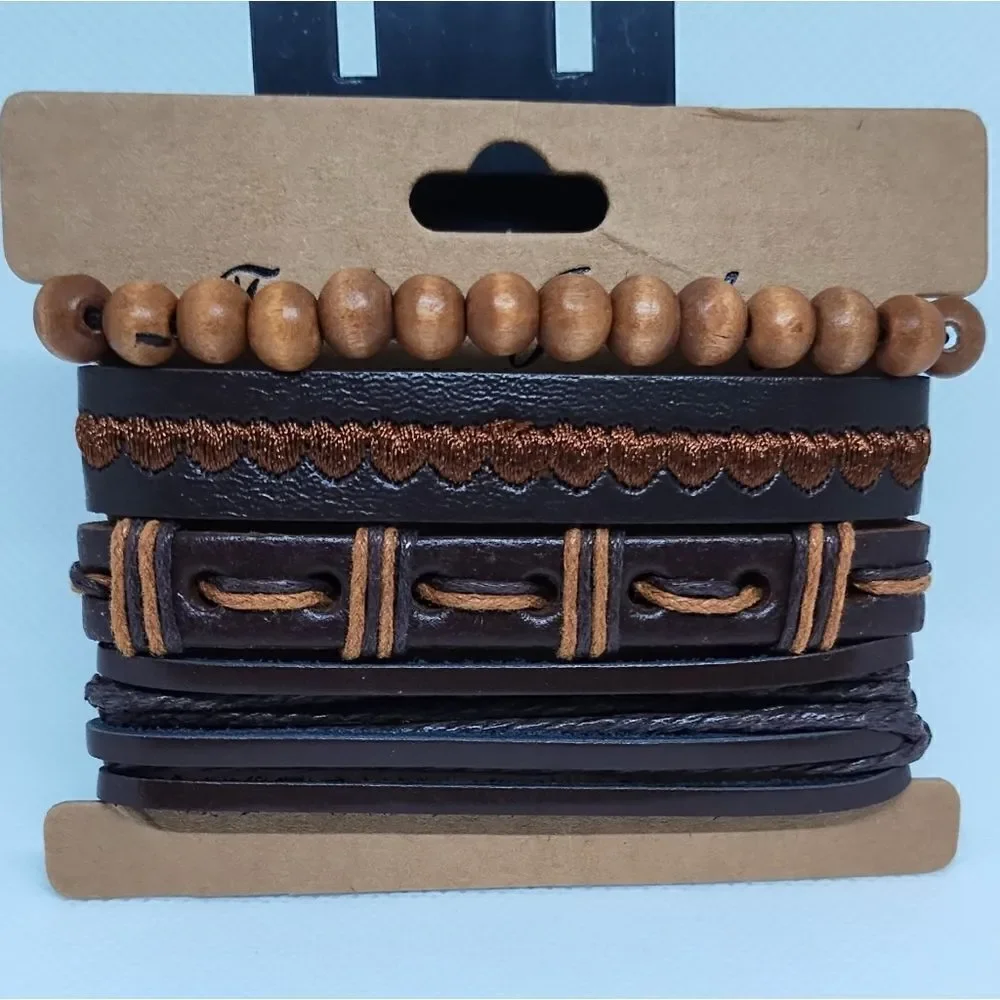 Men's leather bracelets set 4pc layered braided beaded brown new d102‎